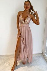 Funkelndes, rückenfreies Maxi-Abendkleid mit tiefem V-Ausschnitt und hohem Schlitz, Pailletten - Champagner