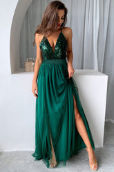 Glitzerndes, Paillettenbesetztes, tiefes V-Ausschnitt-Maxikleid mit hohem Schlitz und Rückenfrei - Grün