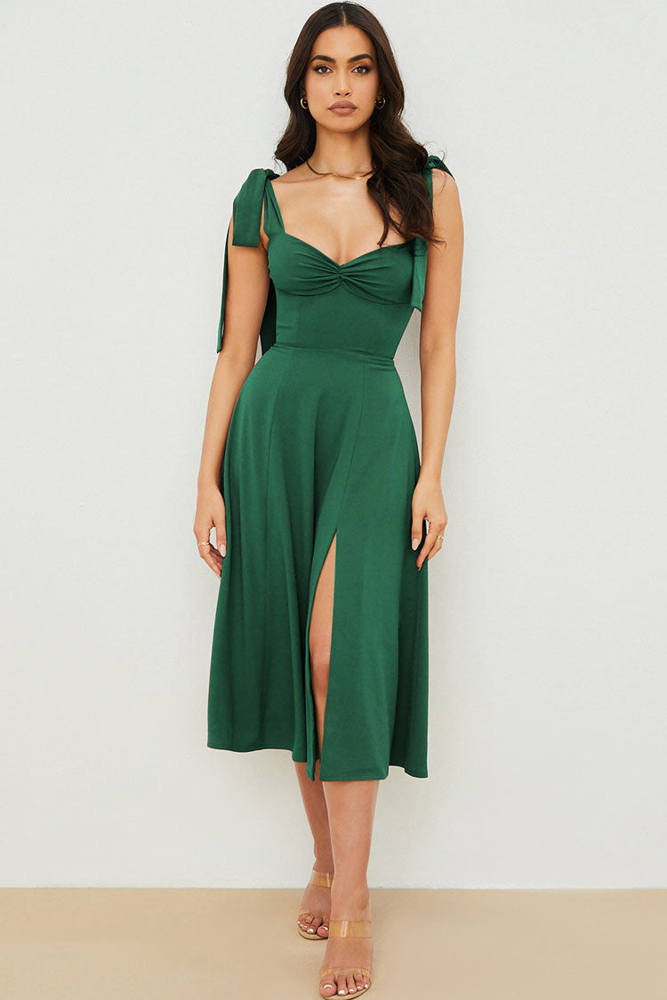 Tie Strap Fit & Flare High Slit Slip Midi Dress - Emerald Green Luis Shop Tie Strap Fit & Flare High Slit Slip Midi Dress - Emerald Green Luis Shop