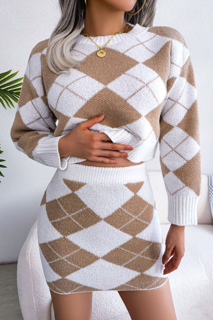 Two Tone Argyle Knit Cropped Sweater Mini Skirt Two Piece Dress - Khak Luis Shop Two Tone Argyle Knit Cropped Sweater Mini Skirt Two Piece Dress - Khak Luis Shop
