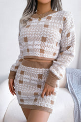 Zweifarbiges kariertes Strick-Kurzpullover-Minirock-Zweiteiliges Kleid - Khaki