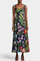 Ärmelloses Midikleid mit Blumenmuster und Perlen im Vintage-Stil für den Strandurlaub - Schwarz