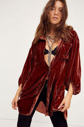 Robe chemise vintage boutonnée à manches évêque en velours - Rouille