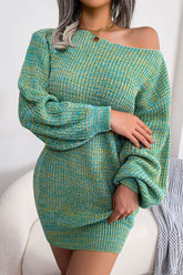 Vintage Langärmliges, meliertes Strickpullover-Minikleid mit U-Boot-Ausschnitt - Blau