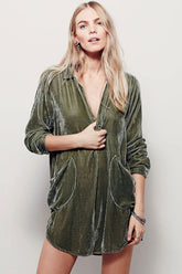 Robe courte en velours à manches longues et col en V vintage - Vert