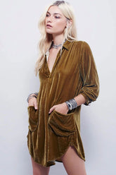 Robe courte en velours à manches longues et col en V vintage - Kaki