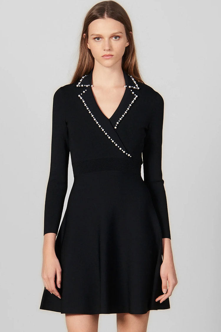 Vintage Pearl Lapel Long Sleeve Fit & Flare Sweater Mini Dress