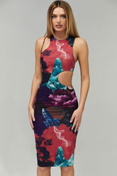 Ärmelloses, figurbetontes Midikleid mit Cut-outs und Vintage-Print - Mehrfarbig