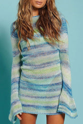 Robe mini pull vintage à rayures teintées dans la masse et dos ouvert à manches cloche - Bleu