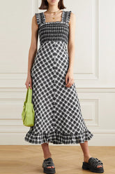 Vintage Midi-Sommerkleid mit eckigem Ausschnitt und Strumpfhalterriemen, gesmoktes Karomuster - Schwarz