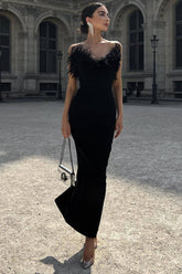 Vintage Sweetheart Trägerloses Bandage Strick Federbesatz Maxikleid - Schwarz