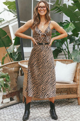 Robe mi-longue en satin à imprimé zèbre vintage avec nœud papillon - Café