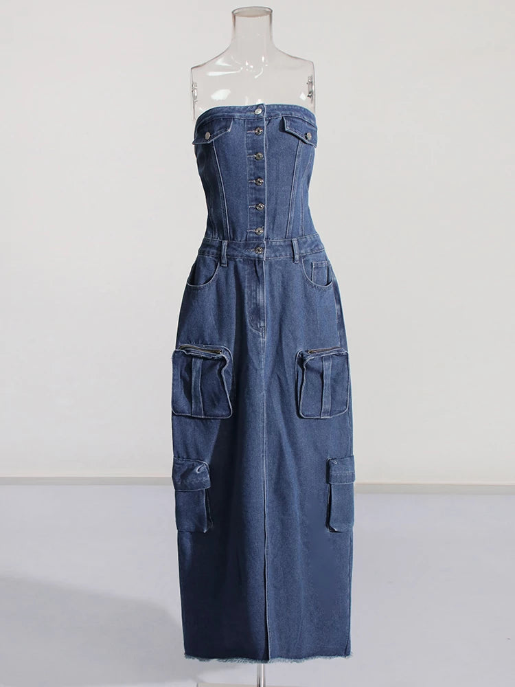 Denim Strapless Back Split Maxi Dresses