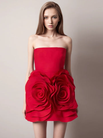 Rose Large Flower Strapless Mini Dresses