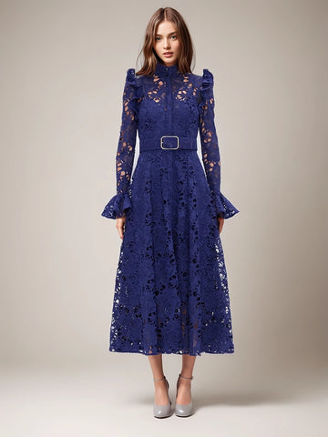 Embroidery Stand Collar Flare Sleeve Hollow Out Vintage Dress