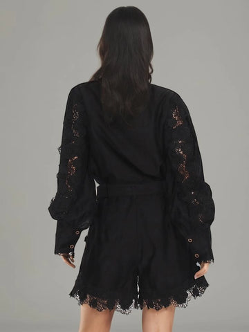 Flip Collar Embroidered Lace Long Sleeve Two Piece Set