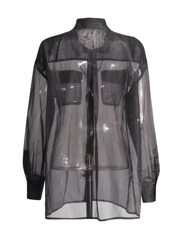 Pocket Sheer Lapel Spliced Blouse