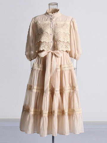 Retro Embroidery Long Sleeve Patchwork Waist Maxi Dress