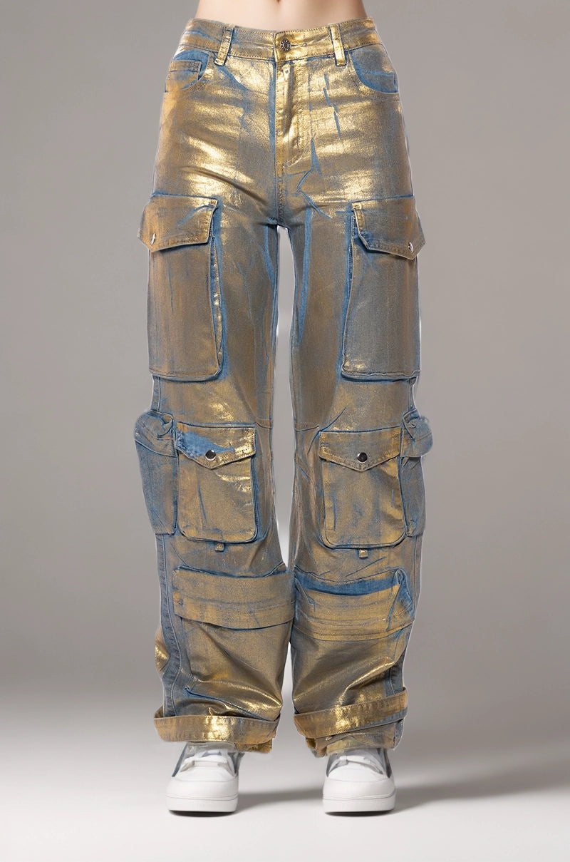 Pantalon taille haute à poches et panneaux peints rétro