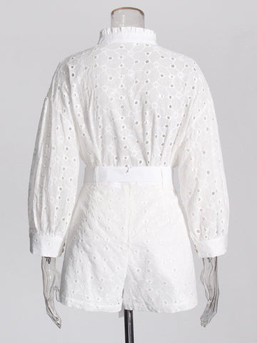 Embroidered Polka Dot Hollow Out White Two Piece Set