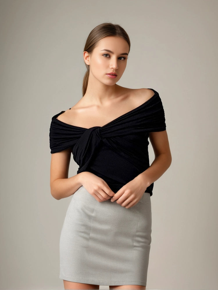 Cross Pleated V Neck Off Shoulder Short Sleeve T-shirt