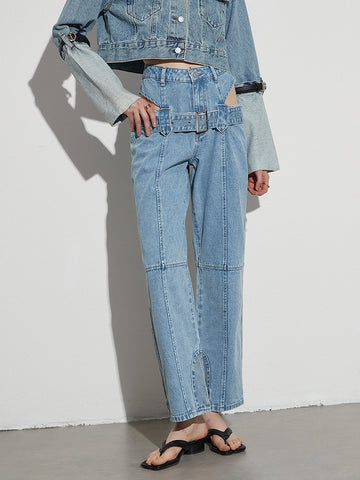 Pantalon en jean à jambe large avec ceinture pour bouton épissé creux