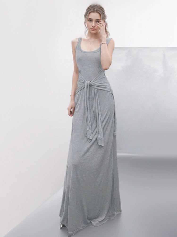 Round Neck Sleeveless Tie Maxi Dress