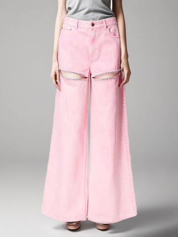 Diamonds Studded Hollow Out Wide Leg Jeans