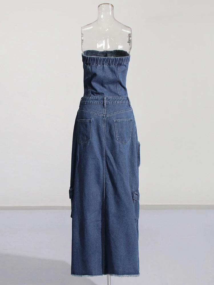 Denim Strapless Back Split Maxi Dresses