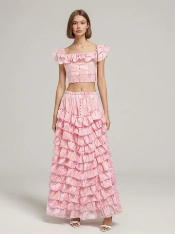 Ruffle Edge Short Top Cake Skirt Two Piece Set