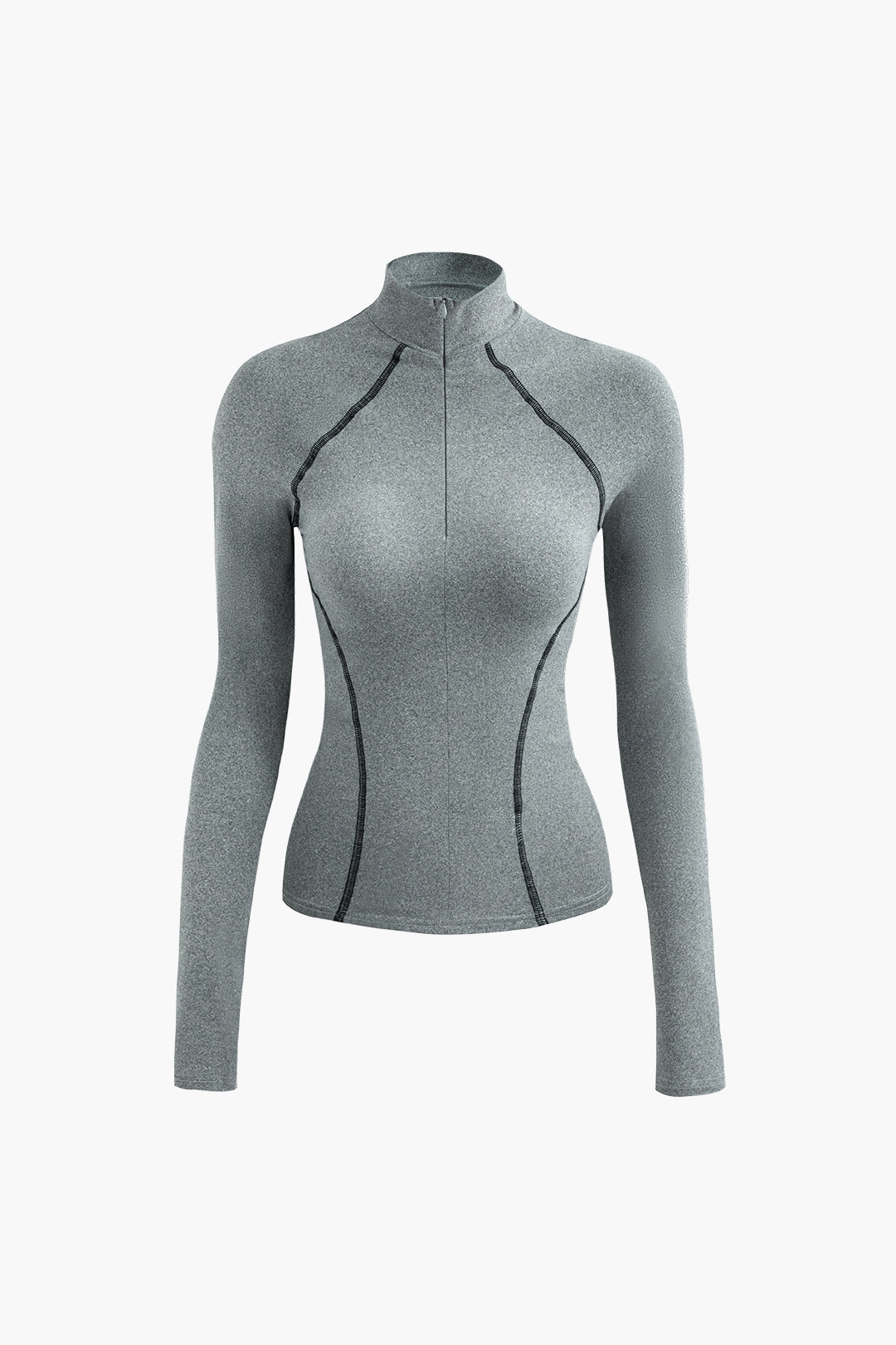 Zipper Mock Neck Stitch Detail Long Sleeve Top