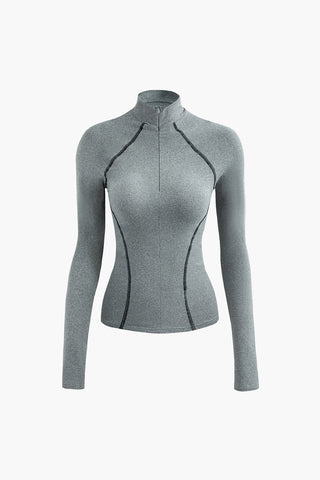 Zipper Mock Neck Stitch Detail Long Sleeve Top