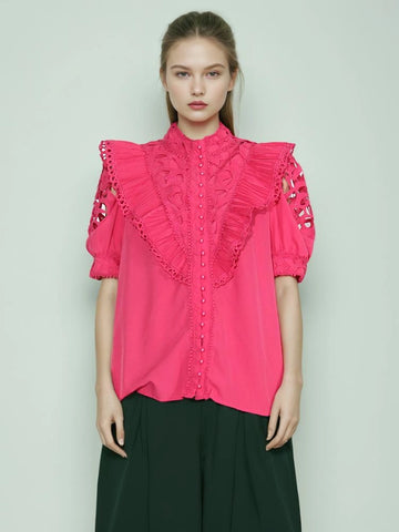 Embroidered Hollow Ruffle Short Sleeve Shirt