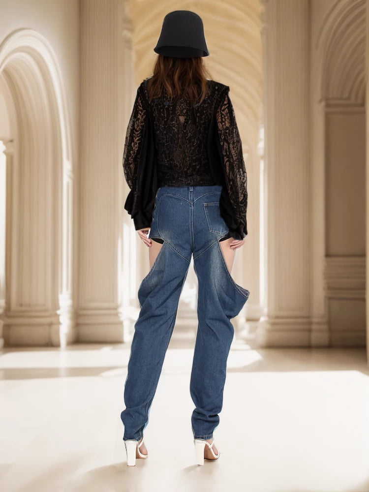 Pantalon en denim creux pour jean à jambe large avec boutons épissés