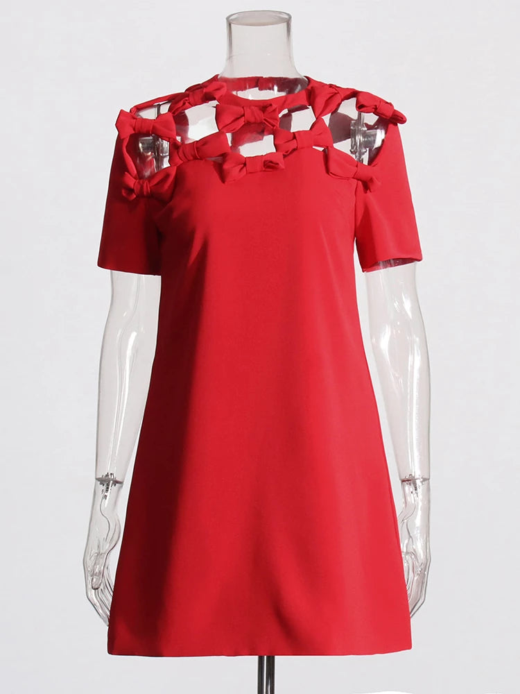 Bow Hollow Out Mini Dresses Red