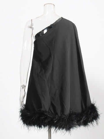 Ostrich Feather Diagonal Collar One Sleeve Dress Cloak