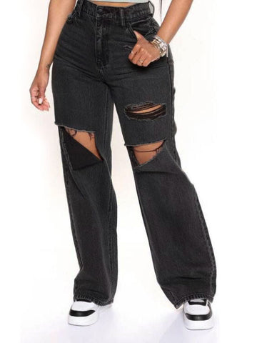 Black Gray High Waist Ripped Jeans Baggy Straight Trousers