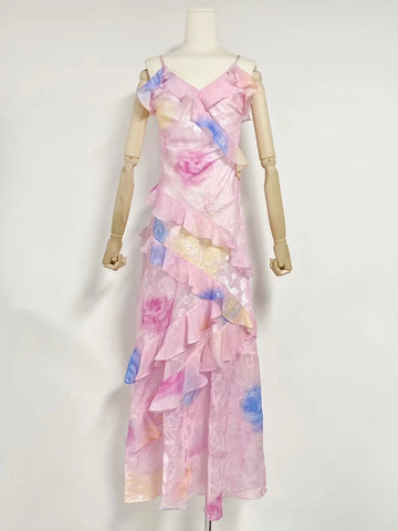 Pink Lotus Leafs Hanging Strap Maxi Dress