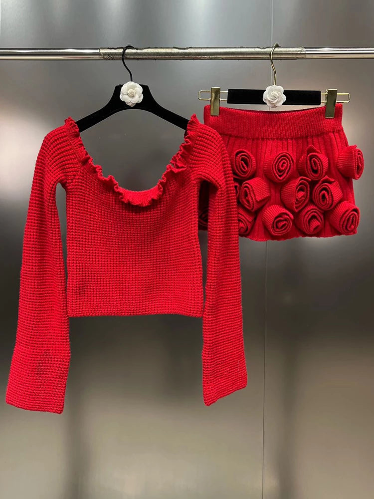 Two Piece Set Off Shoulders Ruffles Sweater Appliques Mini