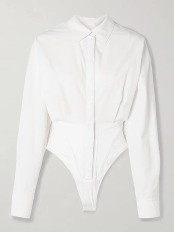 Polo Collar Long Sleeve Bodysuit White Shirt