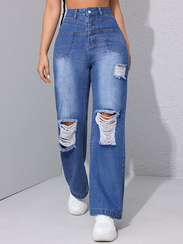 Zerrissene Jeans mit hoher Taille, schlankmachende gerade Fronttasche, kleine Hose mit geradem Bein