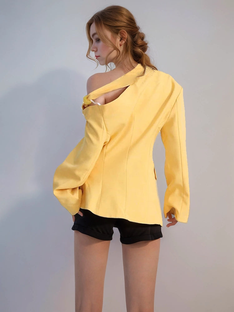 Slim Hollow Out Lapel Long Sleeve Off Shoulder Blazers