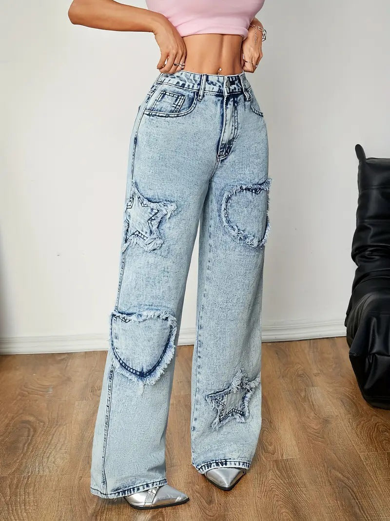 Retro Jeans Street Fünfzackigen Stern Stickerei Baggy Gerade Hose Hohe Taille