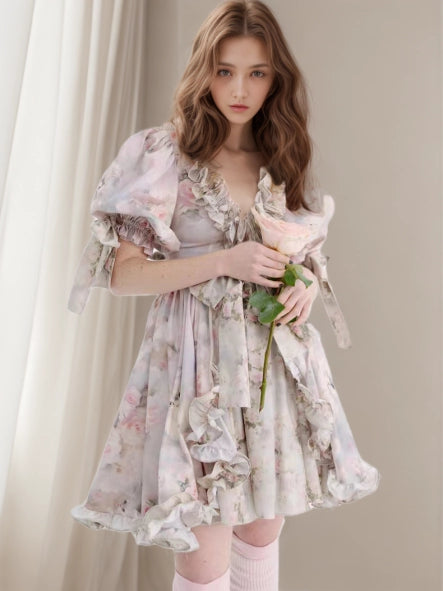 Bubblw Sleeve Printing Princess Mini Dress