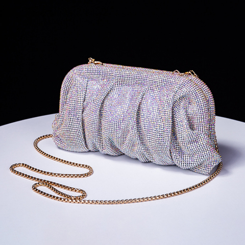 Hochwertige, von Hand mit Diamanten besetzte Clutch mit plissierter Kette und Strasssteinen sowie Wolkenclip, Dinner-Tasche, Umhängetasche mit einer Schulter 