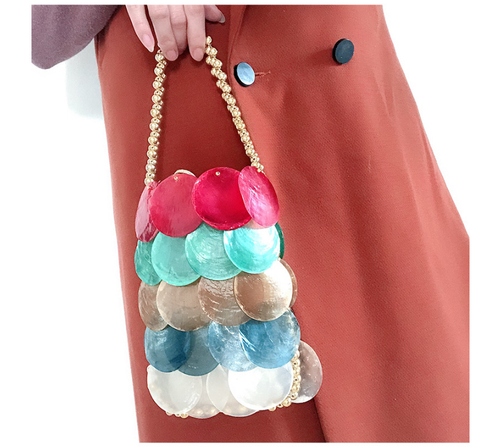 Farbe Handgemachte Gewebte Muscheltasche Farbe Handtasche Perlenkette Fischschuppentasche 