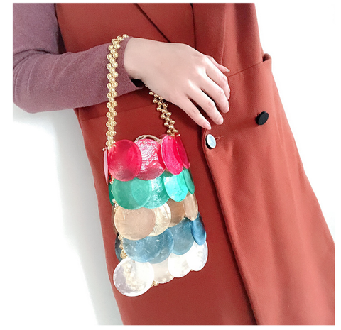 Farbe Handgemachte Gewebte Muscheltasche Farbe Handtasche Perlenkette Fischschuppentasche 