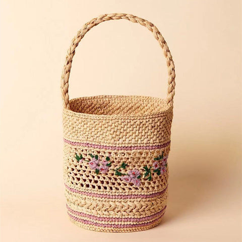 Raffia Floral Embroidery Straw Bag French One Shoulder Portable Straw Bag Seaside Vacation Beach Bag