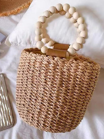 Cute Beaded Portable Straw Weaved Bag Bucket Hand Carrying Straw Bag Vacation Beach Bag Women