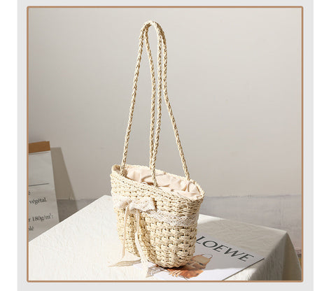 Straw Bag Lace Bow Fairy Seaside Vacation Beach Bag